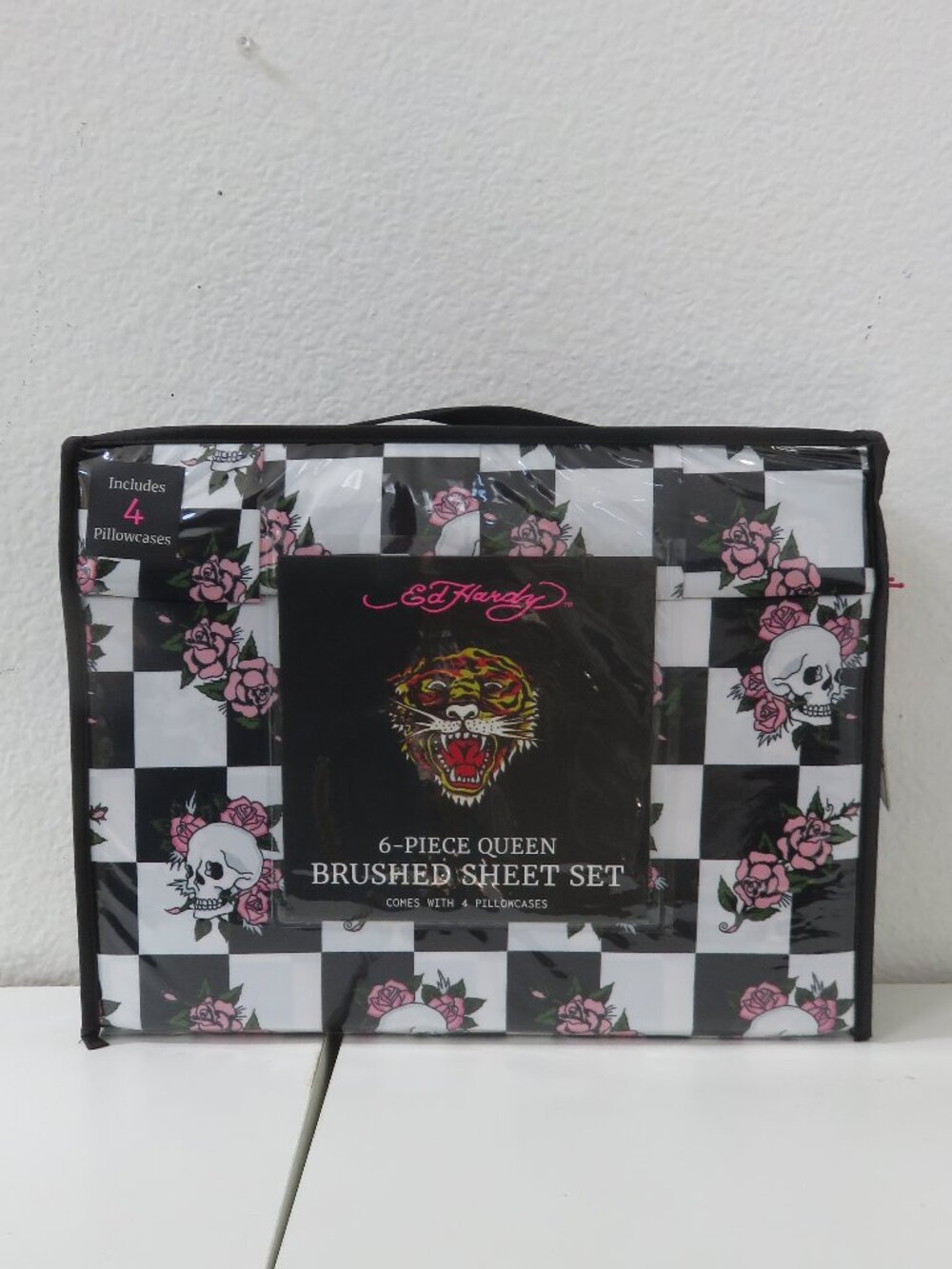 Ed Hardy 6pc Queen Sheet Set Black White Checkered Print & Skulls